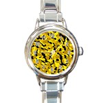 Black and Yellow Camouflage Pattern Round Italian Charm Watch Front