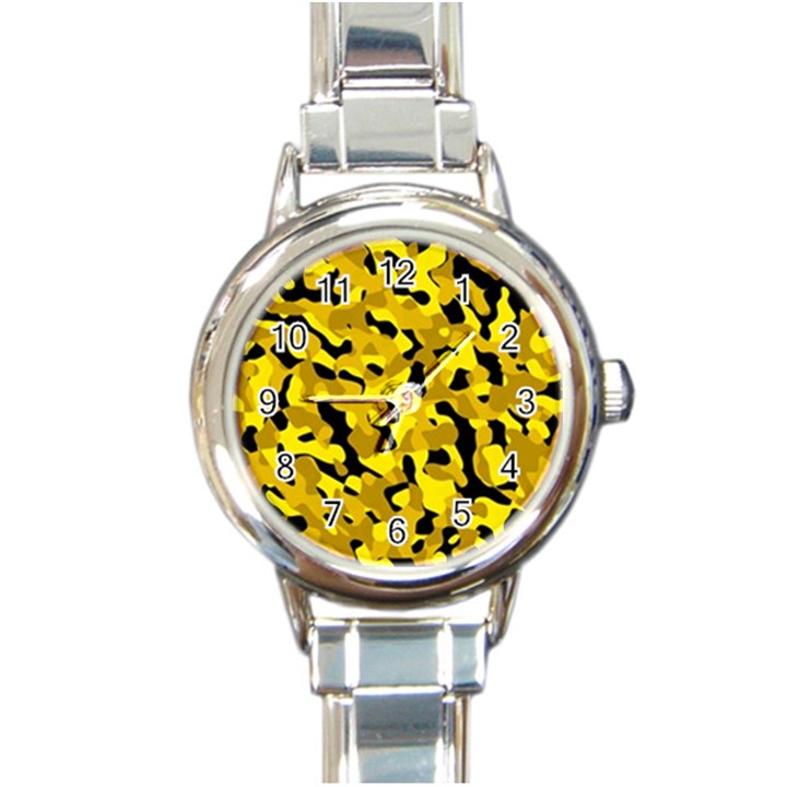 Black and Yellow Camouflage Pattern Round Italian Charm Watch