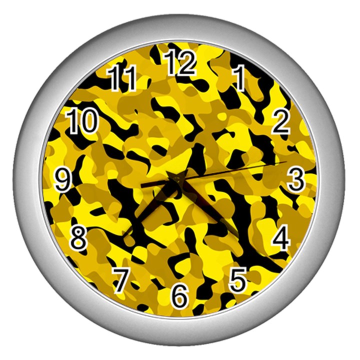 Black and Yellow Camouflage Pattern Wall Clock (Silver)