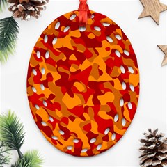 Red And Orange Camouflage Pattern Ornament (oval Filigree) by SpinnyChairDesigns