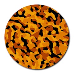 Orange And Black Camouflage Pattern Round Mousepads by SpinnyChairDesigns