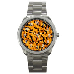 Orange And Black Camouflage Pattern Sport Metal Watch by SpinnyChairDesigns