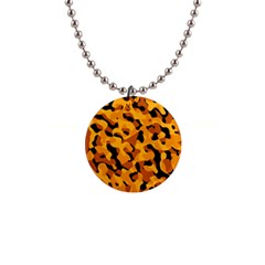 Orange And Black Camouflage Pattern 1  Button Necklace by SpinnyChairDesigns