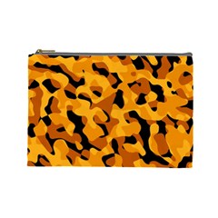 Orange And Black Camouflage Pattern Cosmetic Bag (large) by SpinnyChairDesigns