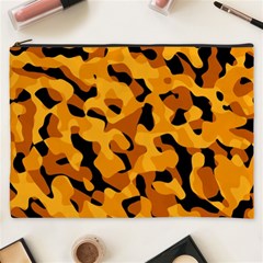 Orange And Black Camouflage Pattern Cosmetic Bag (xxxl) by SpinnyChairDesigns