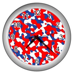 Red White Blue Camouflage Pattern Wall Clock (silver) by SpinnyChairDesigns