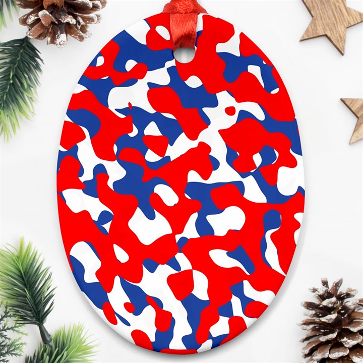 Red White Blue Camouflage Pattern Oval Ornament (Two Sides)