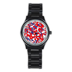 Red White Blue Camouflage Pattern Stainless Steel Round Watch by SpinnyChairDesigns