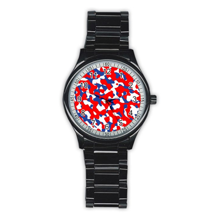 Red White Blue Camouflage Pattern Stainless Steel Round Watch