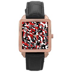 Black Red White Camouflage Pattern Rose Gold Leather Watch  by SpinnyChairDesigns