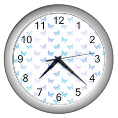 Light Blue Pink Butterflies Pattern Wall Clock (silver) by SpinnyChairDesigns