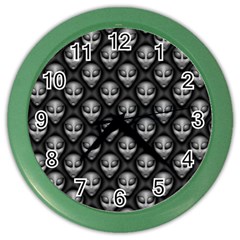 Grey Aliens Extraterrestrials Ufo Faces Color Wall Clock by SpinnyChairDesigns