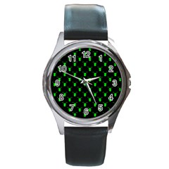 Neon Green Bug Insect Heads On Black Round Metal Watch