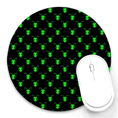 Neon Green Bug Insect Heads On Black Round Mousepads by SpinnyChairDesigns