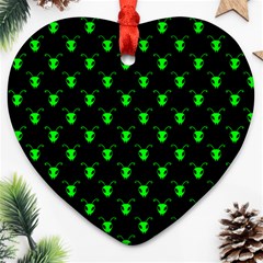 Neon Green Bug Insect Heads On Black Ornament (heart) by SpinnyChairDesigns