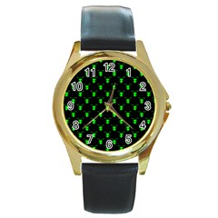 Neon Green Bug Insect Heads On Black Round Gold Metal Watch by SpinnyChairDesigns