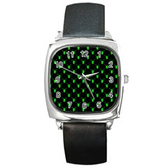 Neon Green Bug Insect Heads On Black Square Metal Watch by SpinnyChairDesigns