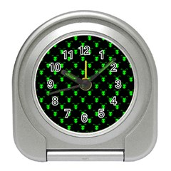 Neon Green Bug Insect Heads On Black Travel Alarm Clock by SpinnyChairDesigns