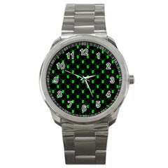 Neon Green Bug Insect Heads On Black Sport Metal Watch by SpinnyChairDesigns