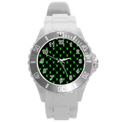 Neon Green Bug Insect Heads On Black Round Plastic Sport Watch (l) by SpinnyChairDesigns