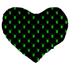 Neon Green Bug Insect Heads On Black Large 19  Premium Heart Shape Cushions by SpinnyChairDesigns