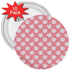 Cute Cat Faces White And Pink 3  Buttons (10 Pack)  by SpinnyChairDesigns