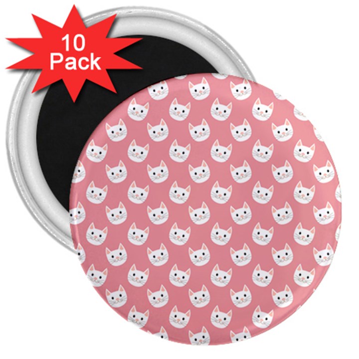 Cute Cat Faces White and Pink 3  Magnets (10 pack) 