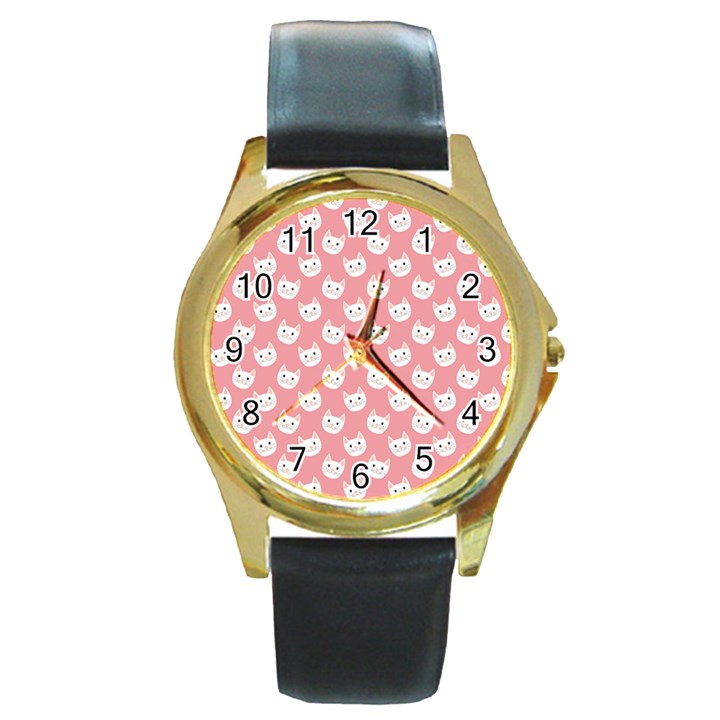 Cute Cat Faces White and Pink Round Gold Metal Watch