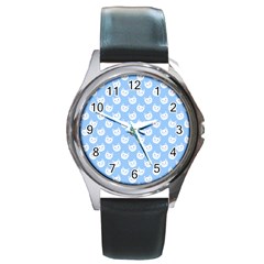 Cute Cat Faces White And Blue  Round Metal Watch