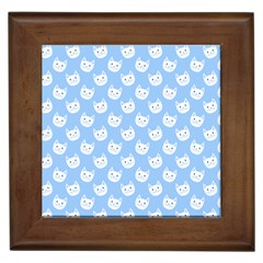 Cute Cat Faces White And Blue  Framed Tile by SpinnyChairDesigns