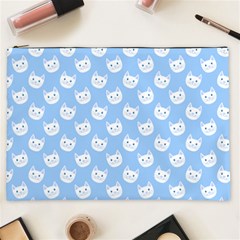 Cute Cat Faces White And Blue  Cosmetic Bag (xxl) by SpinnyChairDesigns