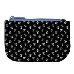 Cat Dog Animal Paw Prints Black And White Large Coin Purse by SpinnyChairDesigns