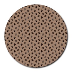 Cat Dog Animal Paw Prints Pattern Brown Black Round Mousepads by SpinnyChairDesigns