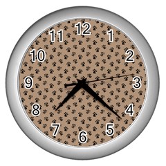 Cat Dog Animal Paw Prints Pattern Brown Black Wall Clock (silver) by SpinnyChairDesigns