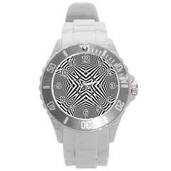 Black And White Line Art Pattern Stripes Round Plastic Sport Watch (l) by SpinnyChairDesigns