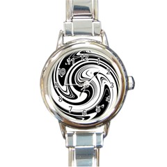 Black And White Swirl Spiral Swoosh Pattern Round Italian Charm Watch by SpinnyChairDesigns