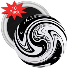 Black And White Swirl Spiral Swoosh Pattern 3  Magnets (10 Pack)  by SpinnyChairDesigns