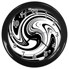 Black And White Swirl Spiral Swoosh Pattern Wall Clock (black) by SpinnyChairDesigns