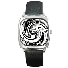 Black And White Swirl Spiral Swoosh Pattern Square Metal Watch by SpinnyChairDesigns