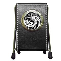 Black And White Swirl Spiral Swoosh Pattern Pen Holder Desk Clock by SpinnyChairDesigns