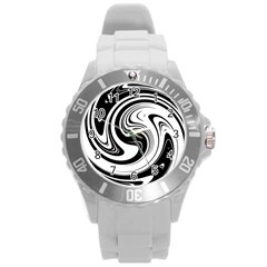 Black And White Swirl Spiral Swoosh Pattern Round Plastic Sport Watch (l) by SpinnyChairDesigns