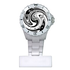 Black And White Swirl Spiral Swoosh Pattern Plastic Nurses Watch by SpinnyChairDesigns