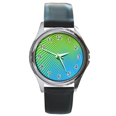 Blue Green Abstract Stripe Pattern  Round Metal Watch