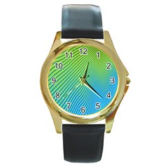 Blue Green Abstract Stripe Pattern  Round Gold Metal Watch by SpinnyChairDesigns