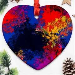 Colorful Paint Splatter Texture Red Black Yellow Blue Ornament (heart) by SpinnyChairDesigns