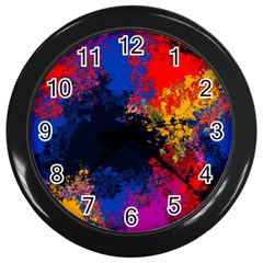 Colorful Paint Splatter Texture Red Black Yellow Blue Wall Clock (black) by SpinnyChairDesigns