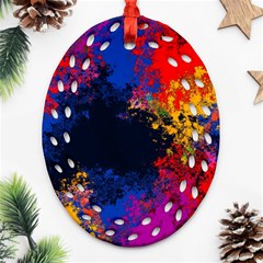 Colorful Paint Splatter Texture Red Black Yellow Blue Ornament (oval Filigree) by SpinnyChairDesigns