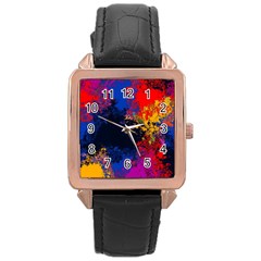 Colorful Paint Splatter Texture Red Black Yellow Blue Rose Gold Leather Watch  by SpinnyChairDesigns