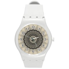 Beige Kaleidoscope Mandala Arabesque Pattern Round Plastic Sport Watch (m) by SpinnyChairDesigns