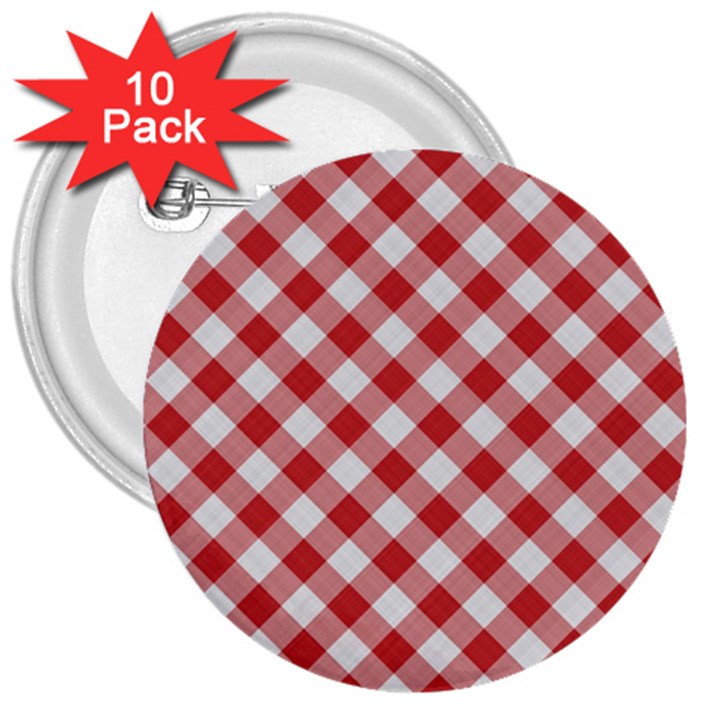 Picnic Gingham Red White Checkered Plaid Pattern 3  Buttons (10 pack) 